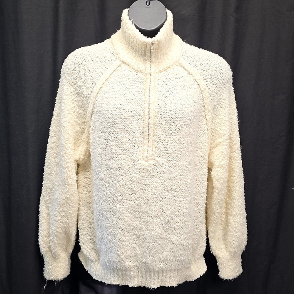 Pink Lily Sweater Women XL Ivory Popcorn Knit Quarter Zip Raglan Cozy Casual